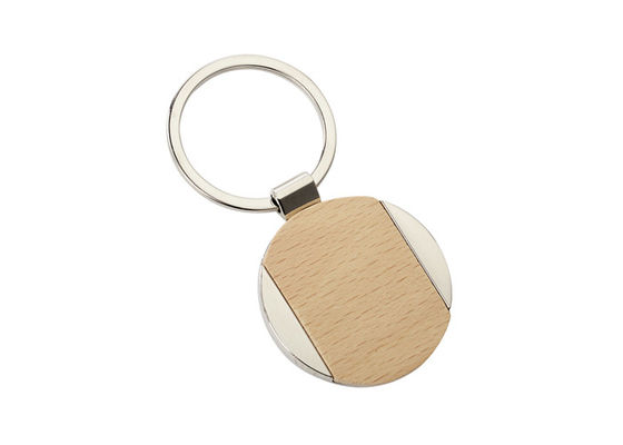 Nickel Iron Beech Wooden Metal Keychain Holder Promotional Round
